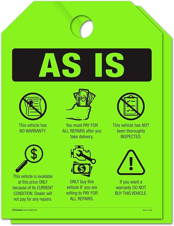 Donkey Auto Products - As is - Vehicle Has - Hang Tag Sign (50 Pack) (Fluorescent Green)