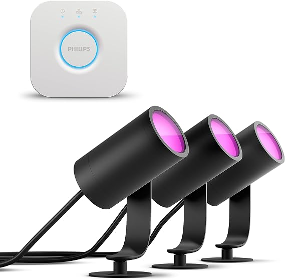 Philips Hue Lily Starter Pack with 3 Garden Spotlights (Anthracite) - White and Coloured Light - Includes 1 Power Cable 1 Hue Bridge - Garden Lighting - Hue White and Colour Ambiance