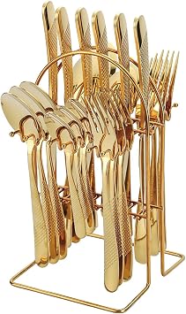 Gold Silverware Set,24 Piece Gilded Silverware Set Rack Service for 6,Mirror Polished Cutlery Utensil Set,Home Kitchen Eating Tableware Set,Include Fork Knife Spoon Holder Set,Dishwasher Safe...