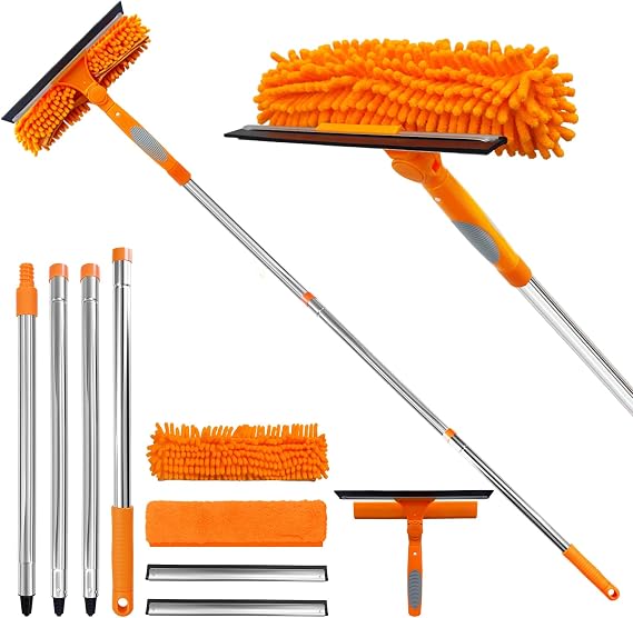 2 in 1 Window Squeegee Cleaner Kit Extension Pole, 67 in, Orange | Window Washing Equipment with Bendable Head for Indoor & Outdoor High Windows and Car Glass