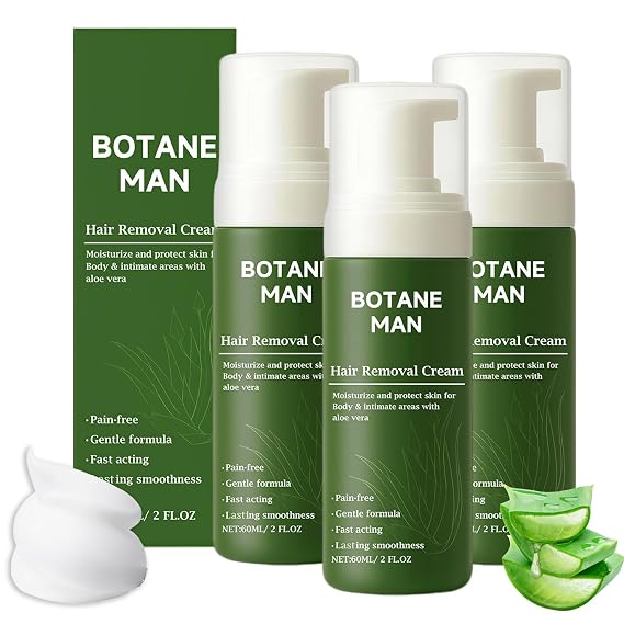 Botane Hair Removal Cream for Men, Natural Aloe Vera Quick Gentle Fast-Acting Hair Remover Mousse, Moisturizing Nourishing Non-sticky for Face Body & Intimate (3)