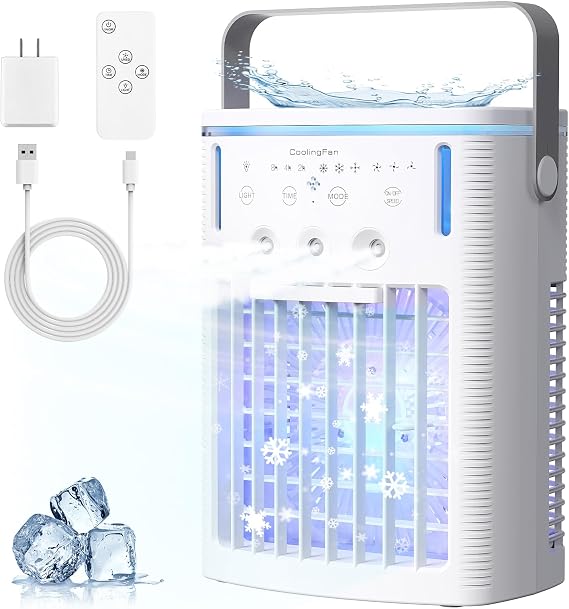 Portable Air Conditioner, 3 in 1 Portable AC Unit, Personal Mini Air Conditioner with 1000ml Water Tank, 2/4/6 Hours Timer, USB Charging Small Cooling Fan Including 5V 2A Adapter, for Indoor and