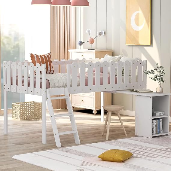 Twin Loft Bed with Rolling Portable Desk and Storage,Wood Low Loft Bed Frame,Low Loft Bunk Bed Frame with Ladder -Length Guardrails for Kids (White, Twin Wood Loft Bed)