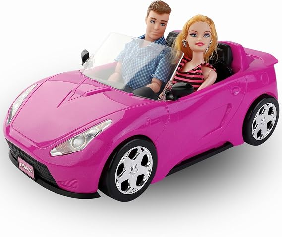 Liberty Imports Doll-Sized Convertible Car for Dolls 2-Seater Pink Vehicle with Rolling Wheels, Seat Belts w/ Two 11.5" Dolls Included