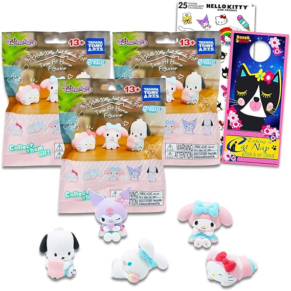 Hello Kitty Time at Home Figures Blind Bags Set - 3 Pack Sanrio Time at Home Mystery Bags Bundle with Mini Figures Featuring Pochacco, My Melody, Kuromi, More Plus Stickers | Hello Kitty Party Favors