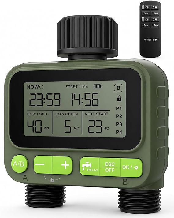 2 Zone Water Timer for Garden Hose, Remote Sprinkler Timer, 8 Programs