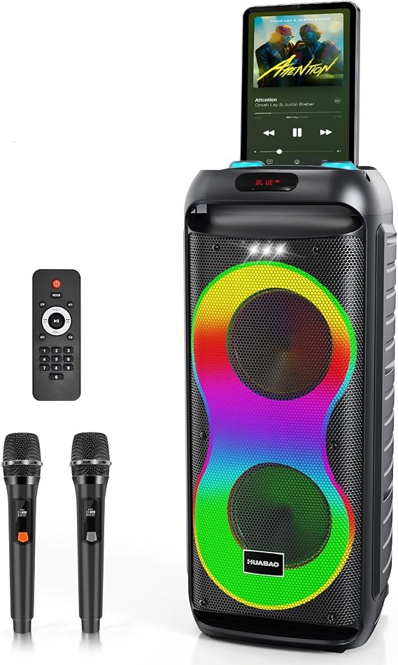 Bluetooth Karaoke Speaker with 2 Wireless Microphones 40W Portable PA System with LED Lights, TWS Pairing, 6.5 Dual Woofers, Rolling Wheels, Rechargeable Battery - for Party/Home/Outdoor