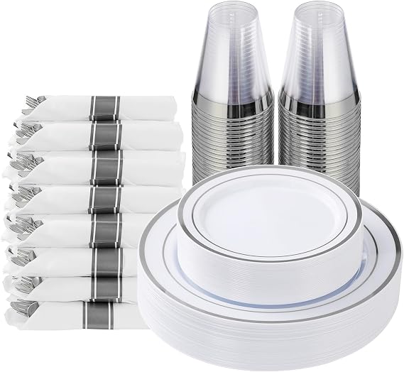 Goodluck 175 Piece Silver Plastic Dinnerware Set for 25 Guests