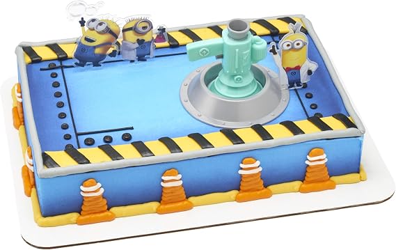 DecoSet Minions Fart Bubble Blaster Cake Topper, 4 Piece Decoration Set With Working Bubble Wand, Stand, Kevin, Bob, Stuart Minions | For Birthday And Celebrations