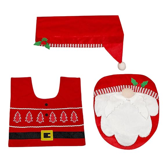 3 Pieces Christmas Theme Bathroom Decoration Set, Santa Toilet Seat Cover Christmas Decorations Toilet Seat Cover, Rugs, Tank Cover for Xmas Indoor Decor Party Favors