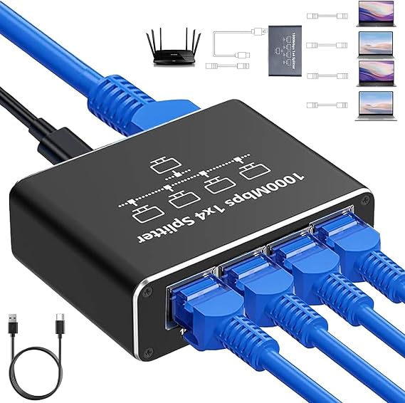 Gigabit Ethernet Splitter 1 to 4, 1000Mbps RJ45 Network Ethernet Switch Network Hub, LAN Internet Splitter Adapter for Cat 5/5e/6/7/8 Cable[ 4 Devices Networked Simultaneously
