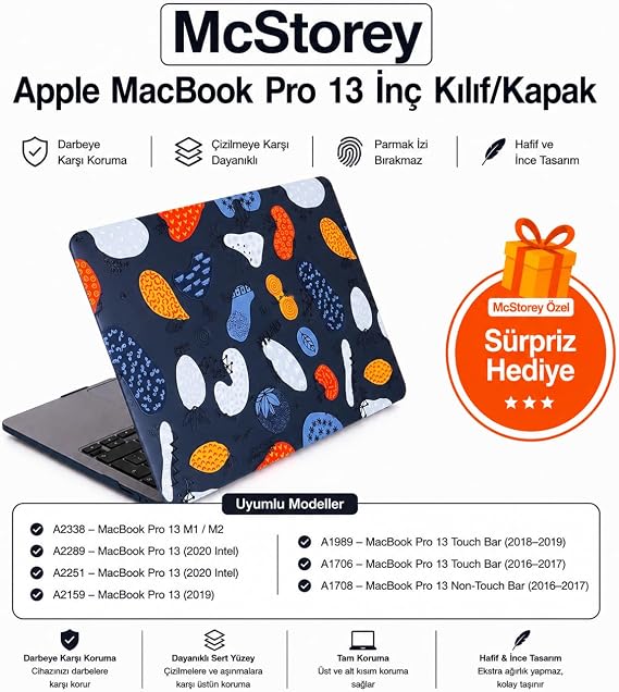 McStorey MacBook Pro 13 Baskılı Kristal Kılıf A1706 A1708 A1989 A2159 A2251 A2289 A2338 M1 M2 Uyumlu İnce Hafif Koruyucu Sert Kapak Siyah