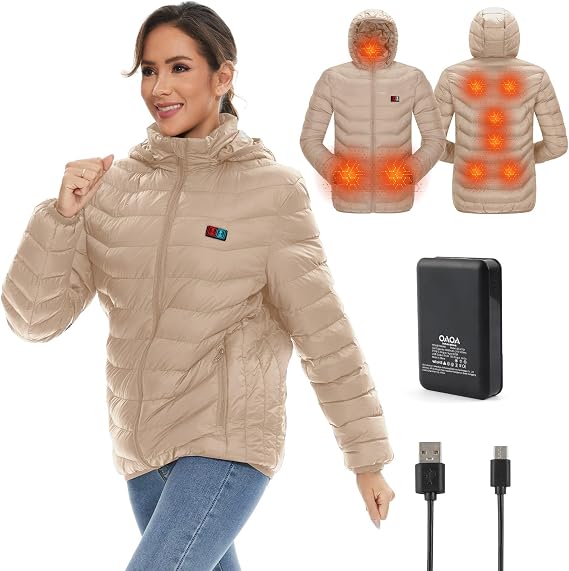 OAOA innovation Heated Jackets for Women, 9 Heating Areas With 10000mAh Power Bank,Winter Warm Outdoor Ski Coat