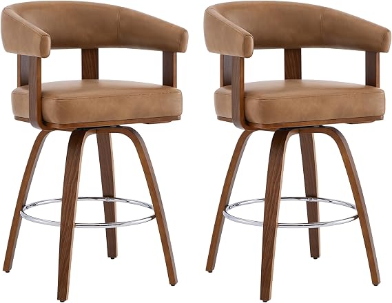 CHITA Swivel Counter Height Barstools Set of 2, FSC Certified Faux Leather Upholstered Bar Stools with Back and Armrest for Kitchen Island Home Bar, 27" Seat Height, Camel with Walnut Frame