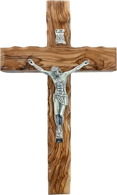 Zuluf 9.8" Olive Wood Catholic Cross with Silver Plated Crucifix Christian Gift from Jerusalem Israel Holy Land CRS063