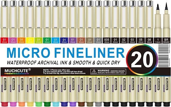 Muchcute Micro Fineliner Drawing Art Pens: 20 Set (12 Colors 01 & 8 Black)