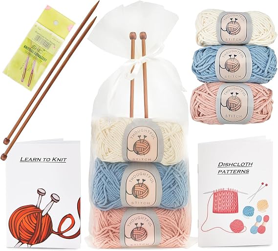 Thoughtful Stitch Knitting Kits for Beginners Adults – Knitting Needle Set - Make Your Own Dishcloth – Craft Kits for Adults – Includes Bamboo Knitting Needles and Yarn Needle – Fantastic Gift