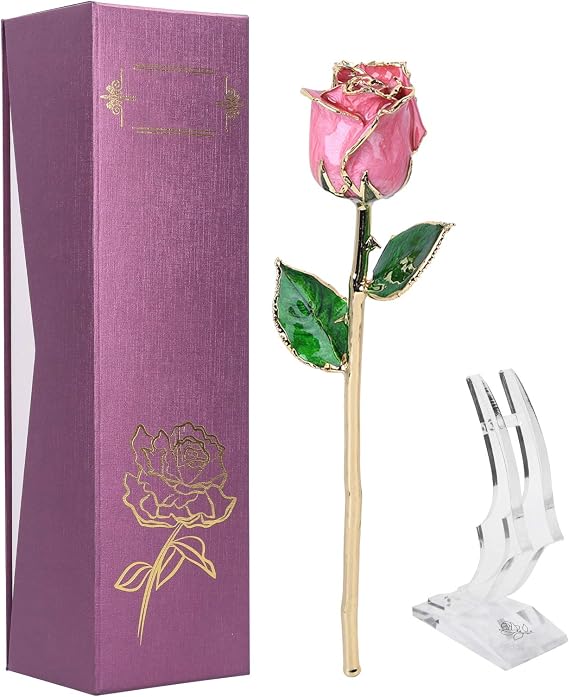 Gold Dipped Rose, 24K Gold Plated Red Rose, Long Stem Gold Dipped Rose with Stand and Gift Box, Long Stem Eternity Rose Flower for Valentine ' s Day, Mother ' s Day, Anniversary, Wedding