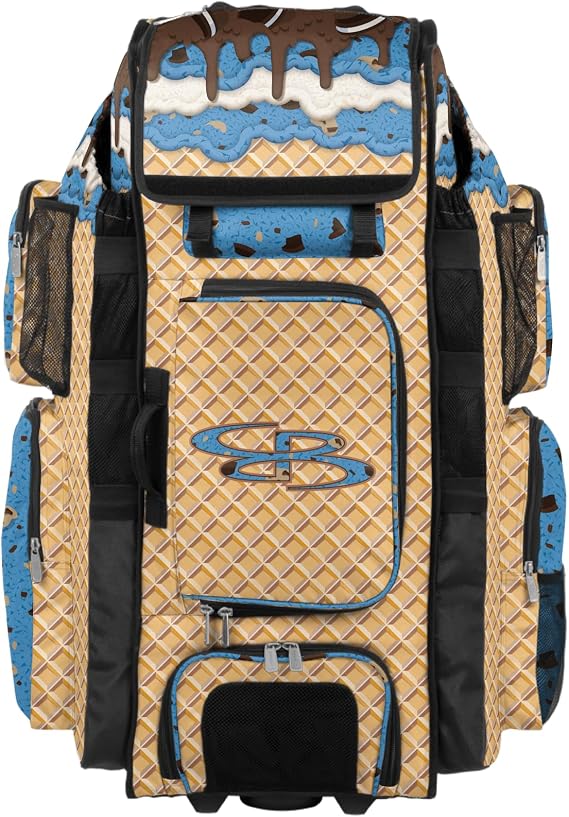 Boombah Superpack XL Rolling Bat Bag - 35.5" x 13.5" x 10" - Telescopic Handle - Holds 8 Bats - Wheeled Version - Ice Cream Monster Cookie Gold/Columbia Blue/Brown