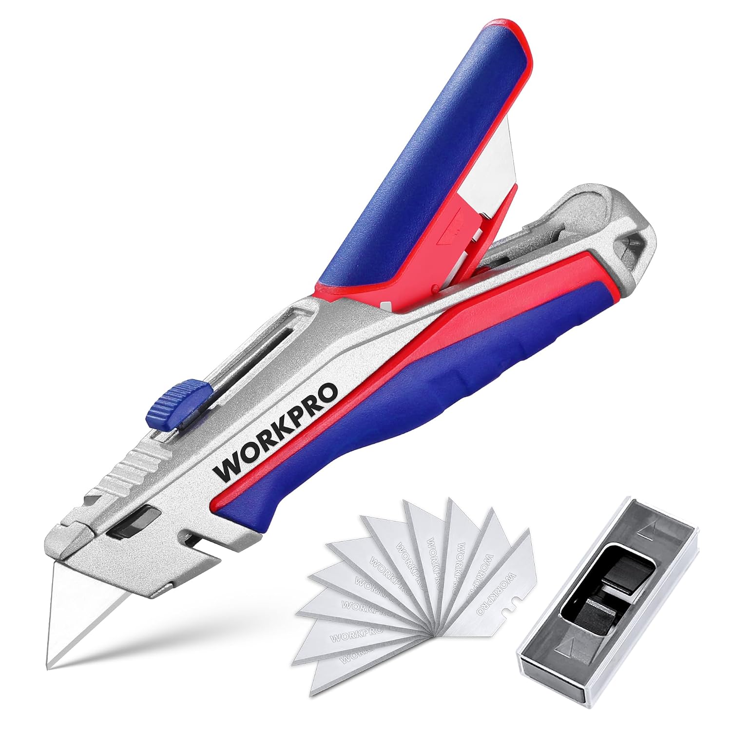 WORKPRO Universal Knife Safety Knife Cardboard Knife Cutter Knife Carpet Knife Rubber Handle with Blade Storage Includes 15 SK5 Replacement Blades