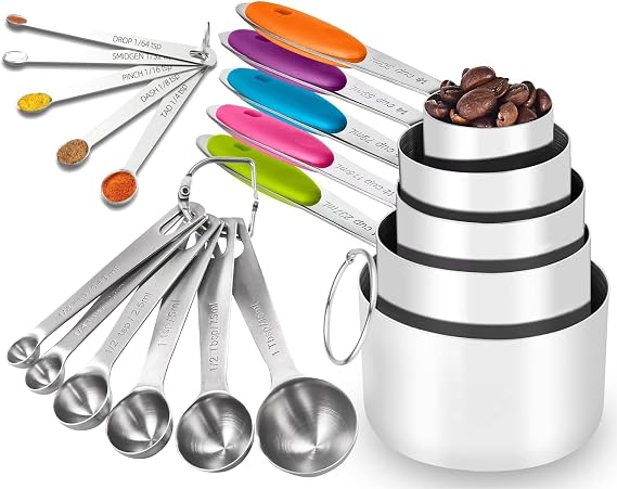 16PCS Stainless Steel Measuring Cups & Spoons Set, Nesting Cups with Silicone Handles, 5 Metal Measuring Cups, 6 Round Spoons and 5 Mini Spoons for Cooking & Baking