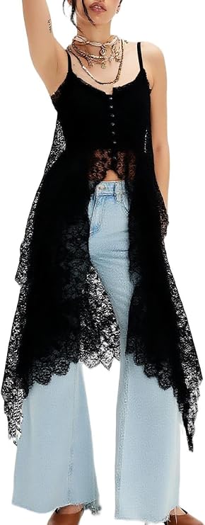 Women Split Front Lace Long Cami Top Sheer Mesh Spaghetti Strap Layered Flowy Maxi Tank Tops Ruffle Dress Cover Up