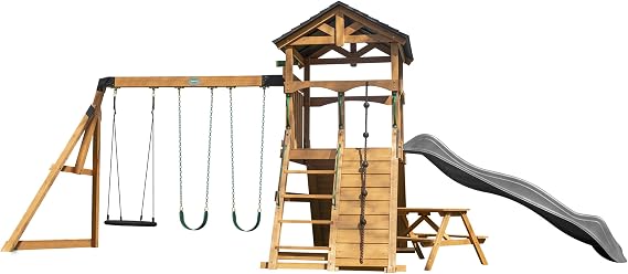 Backyard Discovery Endeavor II Cedar Wood Swing Set with Wave Slide, Play Deck, Double Rock Wall, Picnic Table, Climbing Wall, Belt Swings, Web Swing, Toy Telescope, Step Ladder, Outdoor Playset