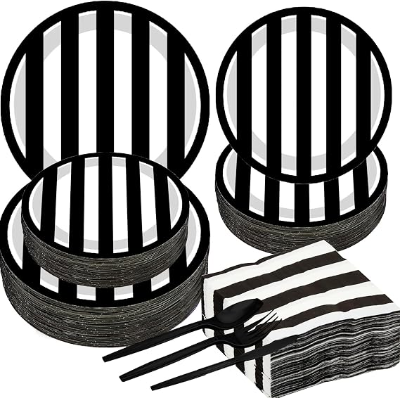 150pcs Striped Party Supplies - Black & White Tableware Set with 9" & 7" Paper Plates, Napkins, Knives, Forks, Spoons for Baby Shower & Birthday Decoration - Serves 25