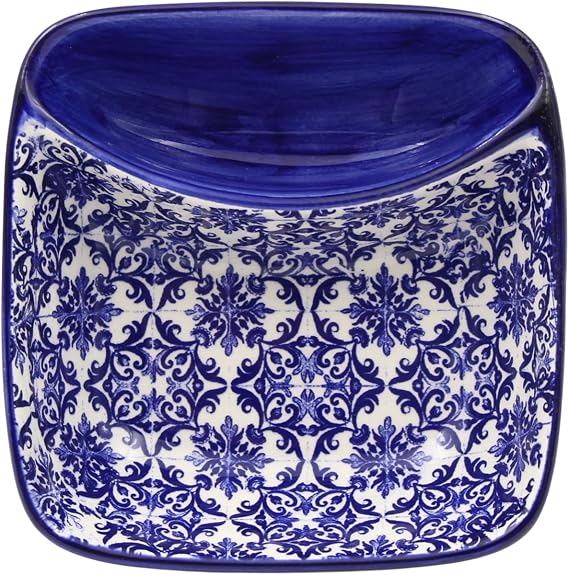 Portuguese Azulejo Ceramic Small Square Olive Dish with Pit Holder Blue & White Tile Pattern Handcrafted in Portugal Durable Ceramic Snack Bowl for Olives, Nuts, Dips