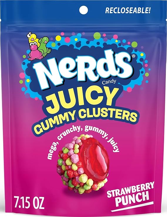 NERDS Juicy Gummy Clusters Strawberry Punch Candy, Stand-Up Bag, 7.15 oz | Triple-texture crunchy gummy juicy, strawberry punch flavor, resealable stand-up bag, sharing, party, game night