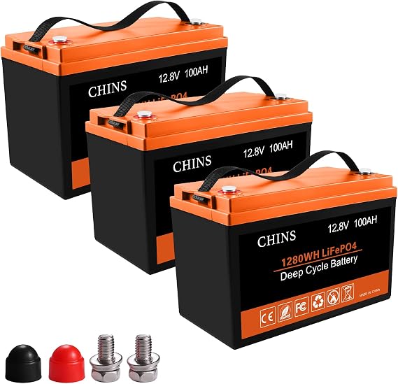 CHINS 3 Pack 12V 100Ah LiFePO4 Battery, Lithium Battery | Built-in 100A BMS | 4500+ Cycles, Perfect for Golf Cart, Trolling Motor, Solar, Marine, RV, Home Energy Storage and Off-Grid etc.