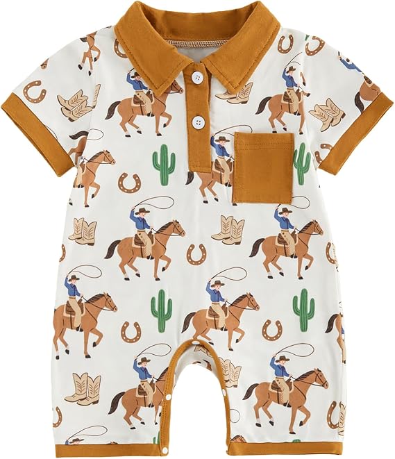 Sasaerucure Baby Boy Summer Western Style Riding Horse Rodeo Romper