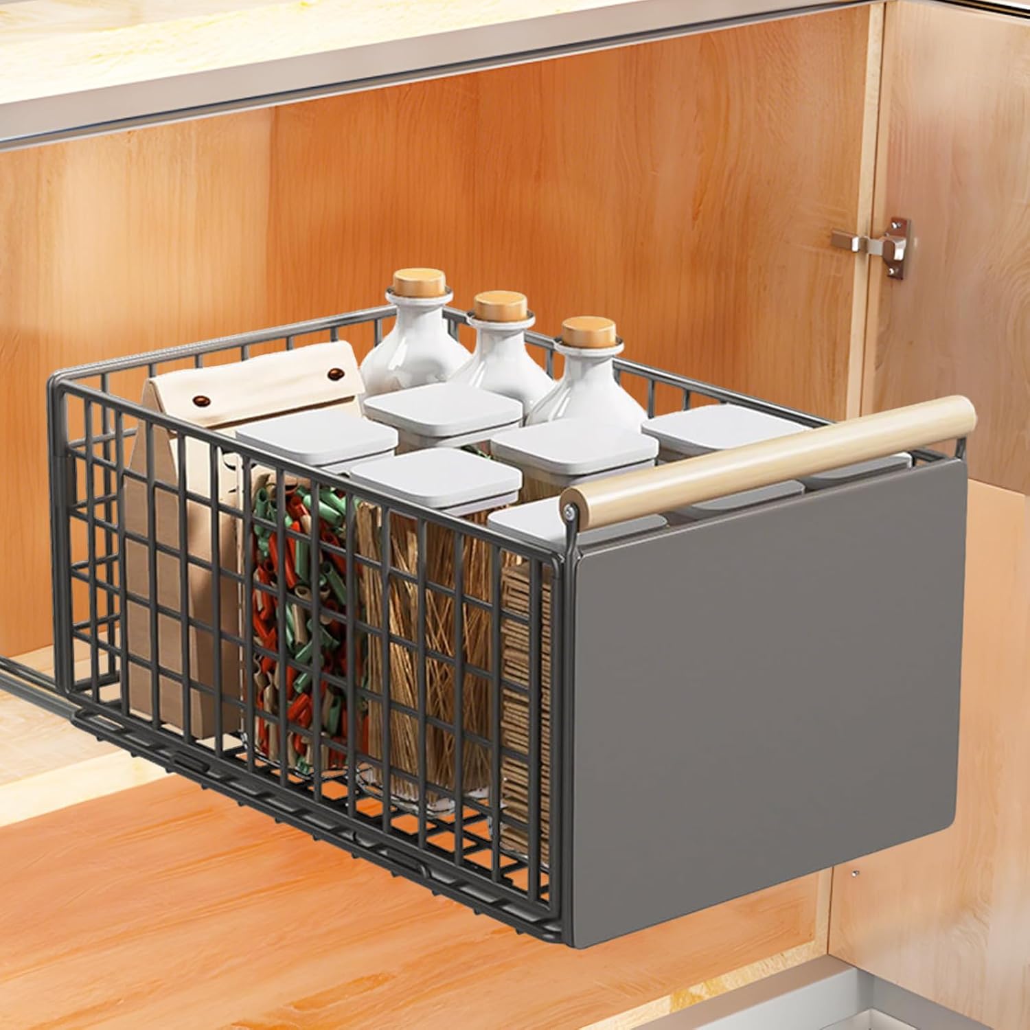 Pull Out Cabinet Organizer, No Drill Slide Out Drawers for Kitchen Cabinets, Adjustable Sliding Storage, Under Sink & Pantry Deep Cabinet Slide Out Shelves for Utensils, Cleaning Supplies