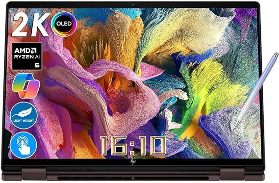 Custom HP OmniBook X Flip 2-in-1 14" 2K OLED Touchscreen Laptop, AMD Ryzen AI 5 430, 16GB RAM, 512GB SSD, Copilot+ PC, WiFi 7, BT6, 24.5h Battery Life, Deep Espresso W/Stylus Pen
