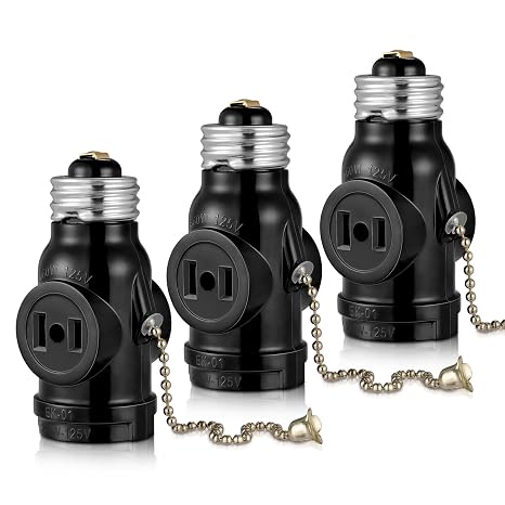 2 Outlet Light Socket Adapter,E26 Bulb Socket to Outlet Splitter,Converts Medium Screw Socket into a Socket with Two outlets,Polarized Outlet,with Pull Chain Switch. UL Listed, Black (3-Pack)