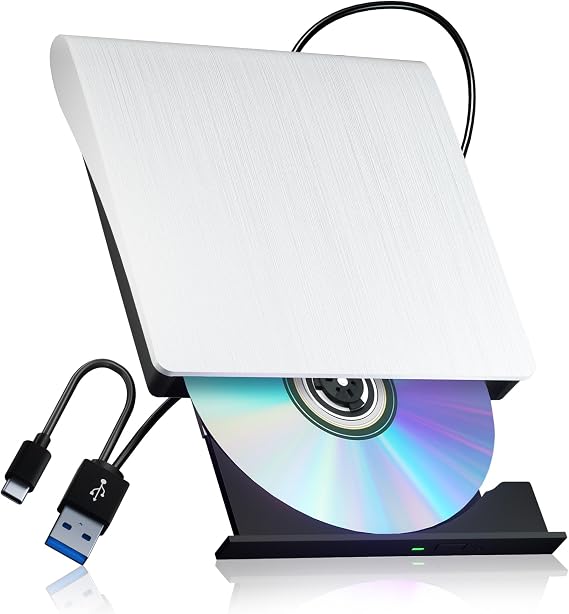 External CD/DVD Drive for Laptop PC, USB 3.0 CD DVD Burner, White | USB3.0 High Speed, Portable CD DVD RW Drive, Compatible Windows 11 Mac Linux, Plug & Play for Laptop Desktop