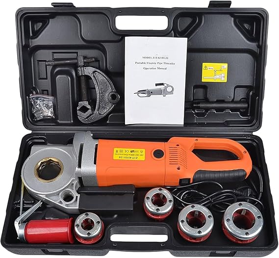 Electric Pipe Threader, Portable 2300W 50HZ 25r/min Pipe Threading Machine Kit Tapping Machine Pipe Cutter Kit 4/6 Dies 1/2-2" HD Pipe Cutter w/Clamp,4Heads