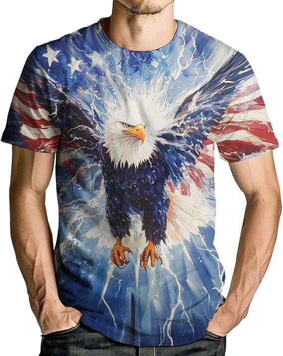 Men's Creative American Flag T-Shirt Eagle Fashion Tie Dye Graphic Tee Shirt Short Sleeves