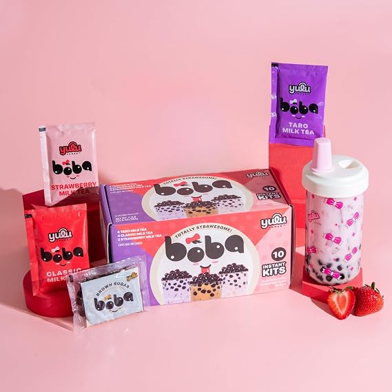 YULU FOODS Boba Tea Bundle Reusable Leakproof Boba Cup (500ml) + 10-Serving Instant Bubble Tea Kit with Tapioca Pearls (Classic, Taro, Strawberry) Ready in 1 Min, Includes Straws