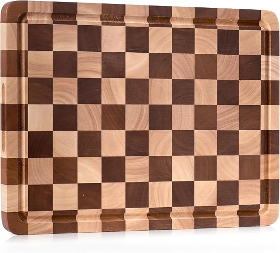 Checkered Cutting Board, Wood Chopping Board for Kitchen, 16 x 12 x 1" | Serving Tray Butcher Block with Juice Grooves & Handles, Ideal for Meat, Vegetables & Cheese, Kitchen Decoration