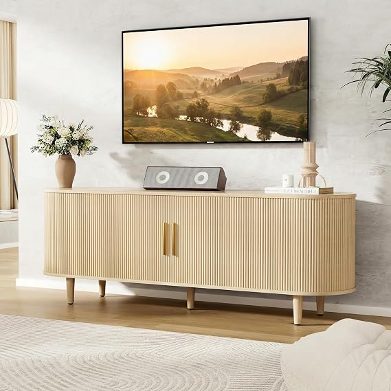 VOWNER 63" Fluted TV Stand, Modern Entertainment Center for TVs Up to 65" | Wood TV Stand with Adjustable Shelves & Sliding Doors, Curved Media Console Table with Cabinet for Living Room Bedroom, Oak