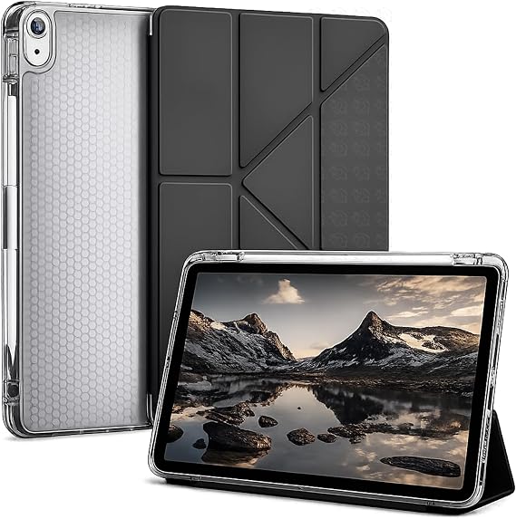 URUCHI [Kalem Bölmeli] iPad 11. ve 10. Nesil Tablet Kılıfı, Siyah, A16 Çipli Apple Tablet Kabı, 4 Kademeli Katlanır Stand, Şeffaf Petek Dokulu Silikon Arka, Kalem Yuvalı Kapak