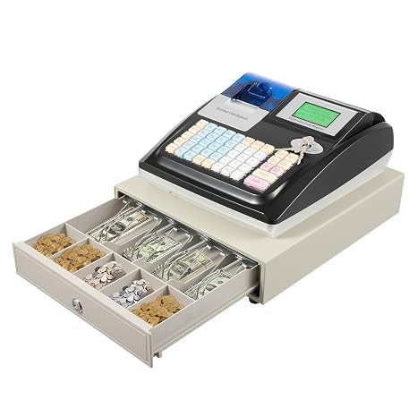 Electronic Cash Register with 48 Keys,Commercial Cash Register with 8-Digit LED Customer Display, Thermal Printer, Cash Drawer, 2 RS232 & USB Ports for Retail, Convenience Store (Black)