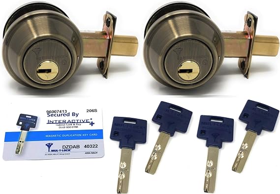 Mul-T-Lock Interactive+ Cronus High Security Grade 2 Single Cylinder Dead-Bolt w/Thumb Turn. Commercial or Residential Metal or Wood Doors (8) Antique Brass - Two Keyed Alike)