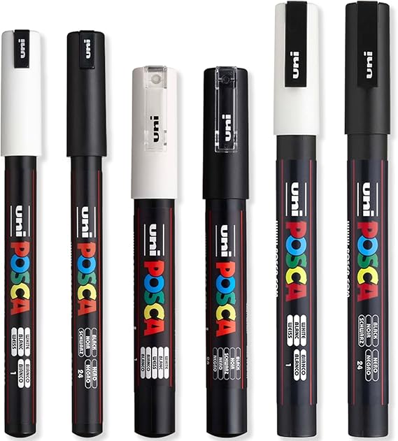 Posca - Ultra Fine to Fine Paint Marker Pens Set - PC-1MR, PC-1M, PC-3M - White & Black Ink - Pack of 6