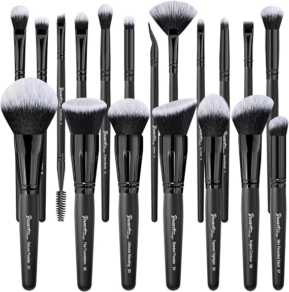 Bueart Design 19Pcs Ultra Soft Black Labeled Dense Hair Makeup Brushes Set | Contains Large Powder Flat Foundation Ultimate Blending Make up Brush Blush Concealers Contour Eyeshadow with Travel Case