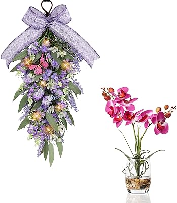Artificial Orchid & Lavender Wreath Bundle with LED Lights