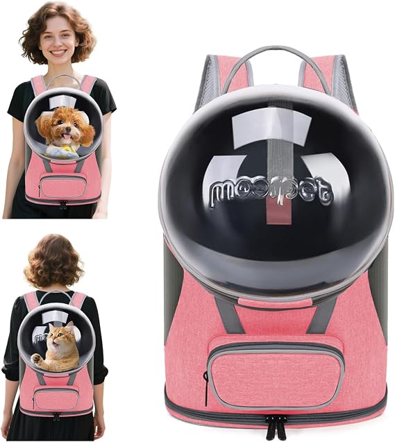 PETCUTE Cat Backpack Carrier, Breathable Space Bubble Pet Backpack for Kitty Small Dogs Up to 17lbs, Transparent & Foldable Dog Carrier with Front Pocket,for Travel Hiking,Pink