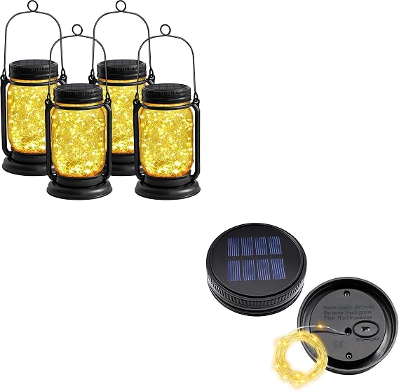 4Pack Mason jar Lanterns& 2Pack Solar Replacement Tops