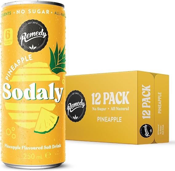 Remedy Sodaly Pineapple Prebiotic Soda, 12 x 250ml Cans - All-Natural Flavoured Fizzy Drink with Prebiotics for Gut Health - Sugar Free Soft Drink with No Artificial Sweeteners